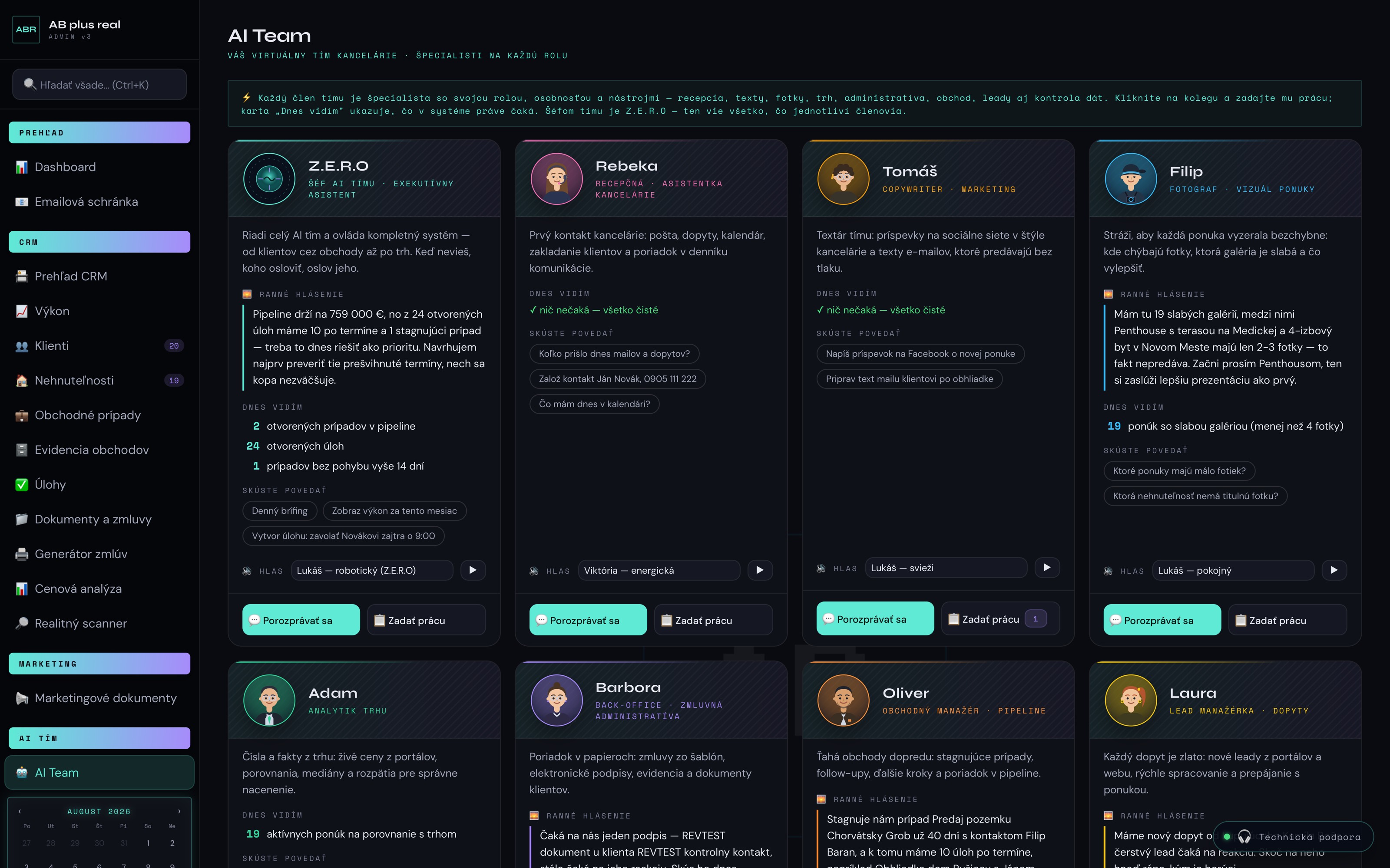 Sekcia AI Team v RealtyOS — deväť AI zamestnancov s rannými hláseniami
